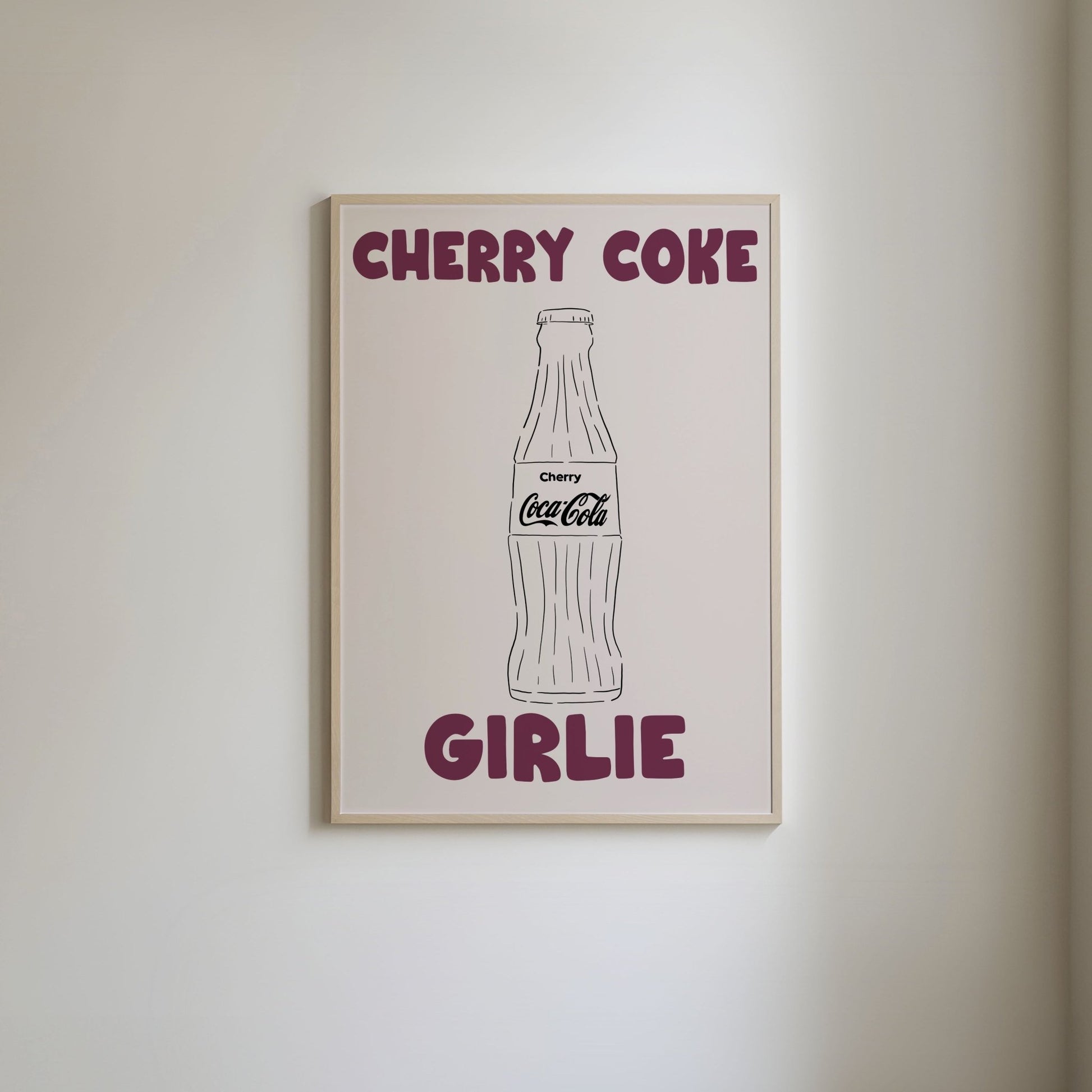 Cherry Coke art print featuring 'Cherry Girlie' text and an illustration of a Coca-Cola glass bottle with a Cherry Coke label.