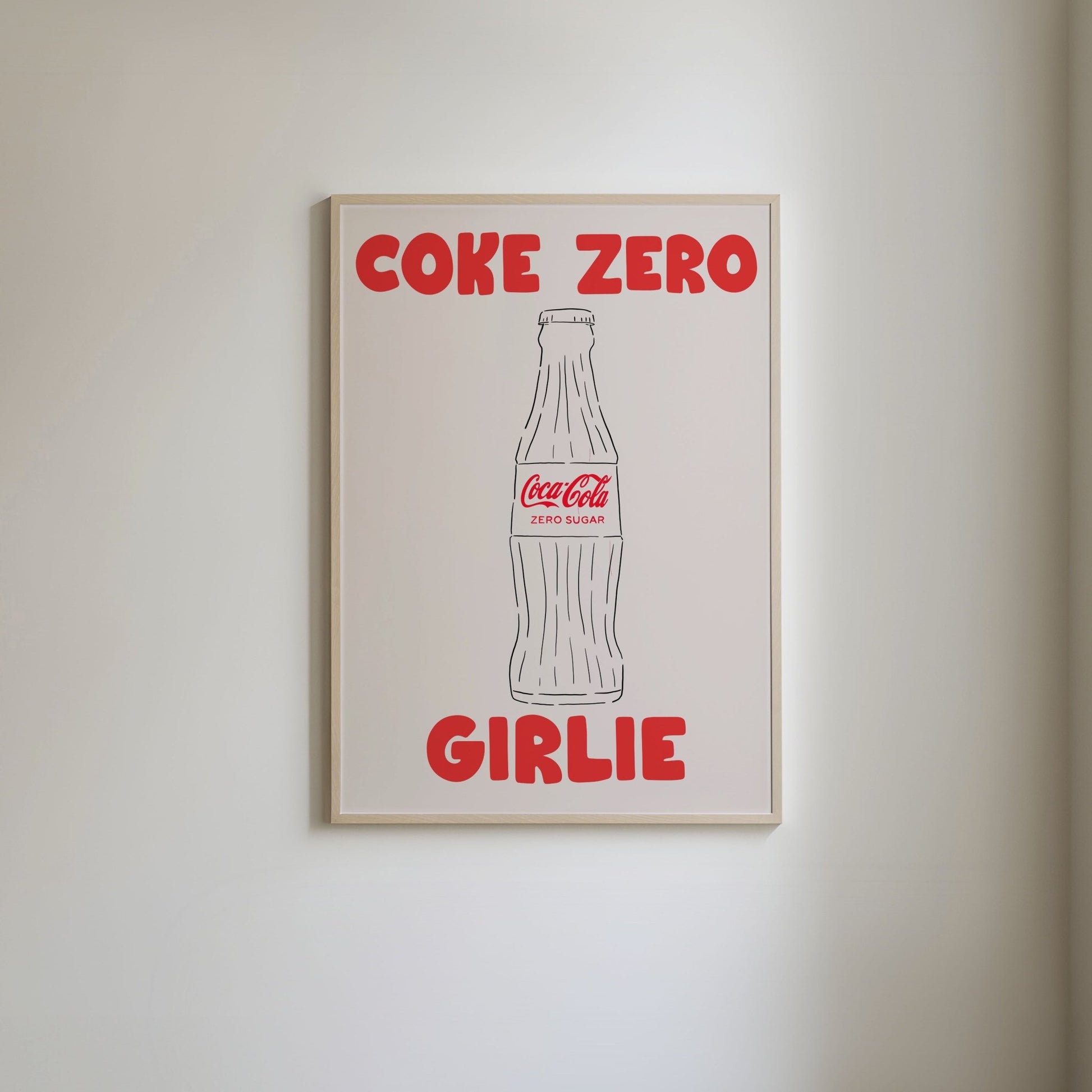 Coke Zero art print featuring 'Coke Zero Girlie" text and an illustration of a Pepsi glass bottle with a Coca Cola Zero label.