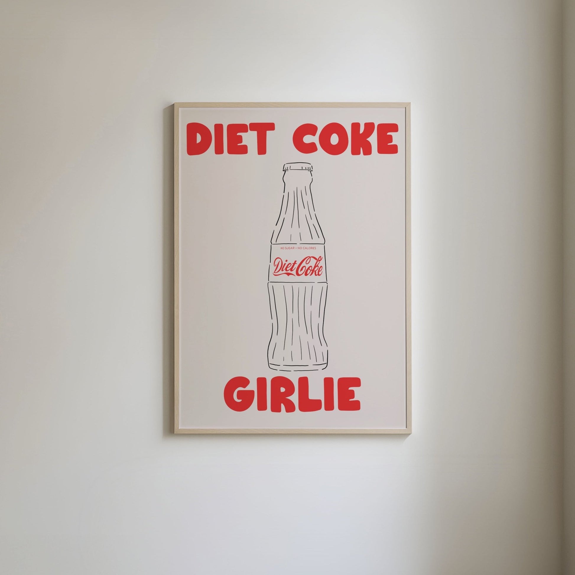 Diet Coke art print featuring 'Diet Coke Girlie" text and an illustration of a Pepsi glass bottle with a Diet Coke label.