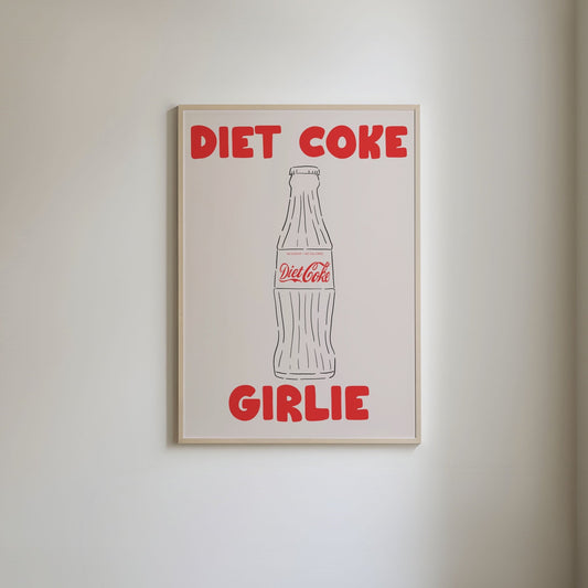 Diet Coke art print featuring 'Diet Coke Girlie" text and an illustration of a Pepsi glass bottle with a Diet Coke label.
