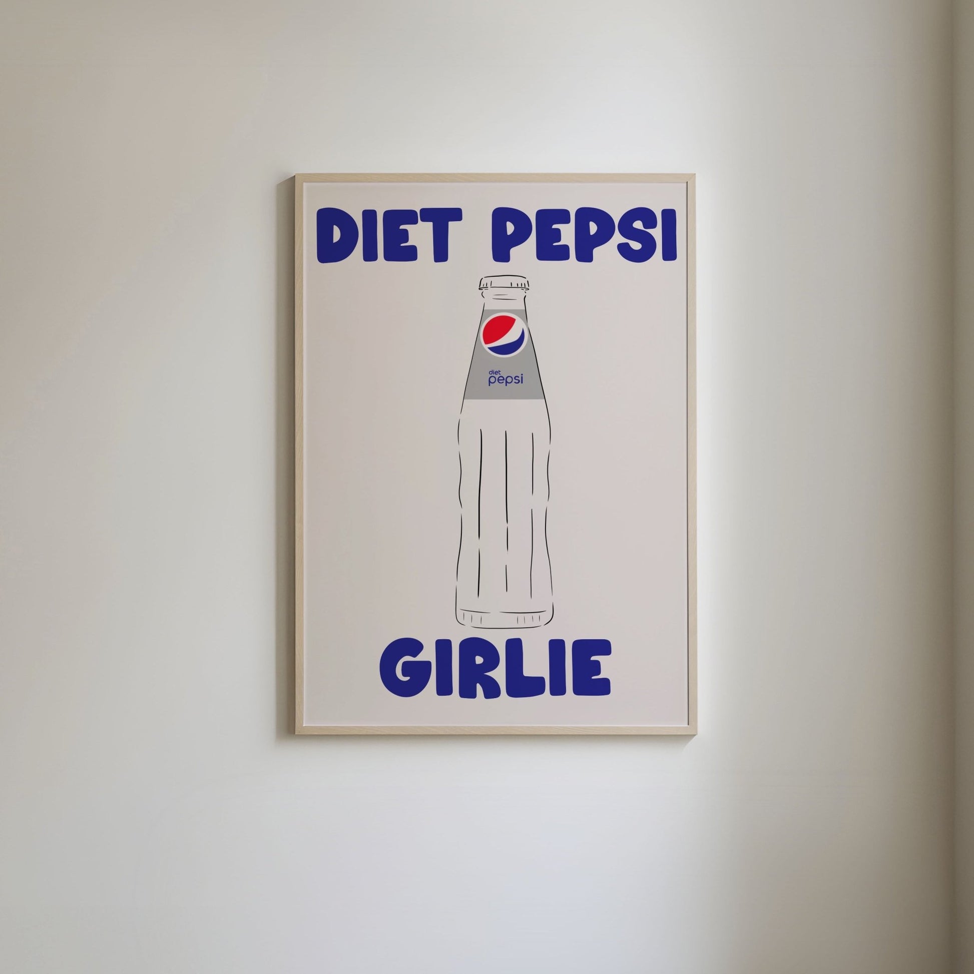 Diet Pepsi art print featuring 'Diet Pepsi Girlie" text and an illustration of a Pepsi glass bottle with a DIet Pepsi label.