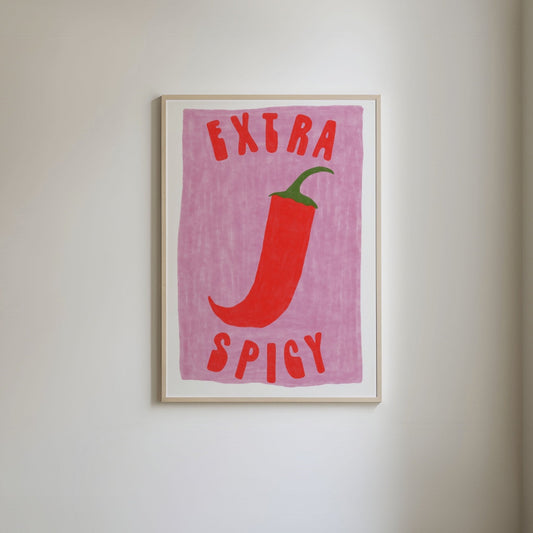Art print with a painted pink background featuring a red chili pepper and bold text 'Extra Spicy' in vibrant lettering.