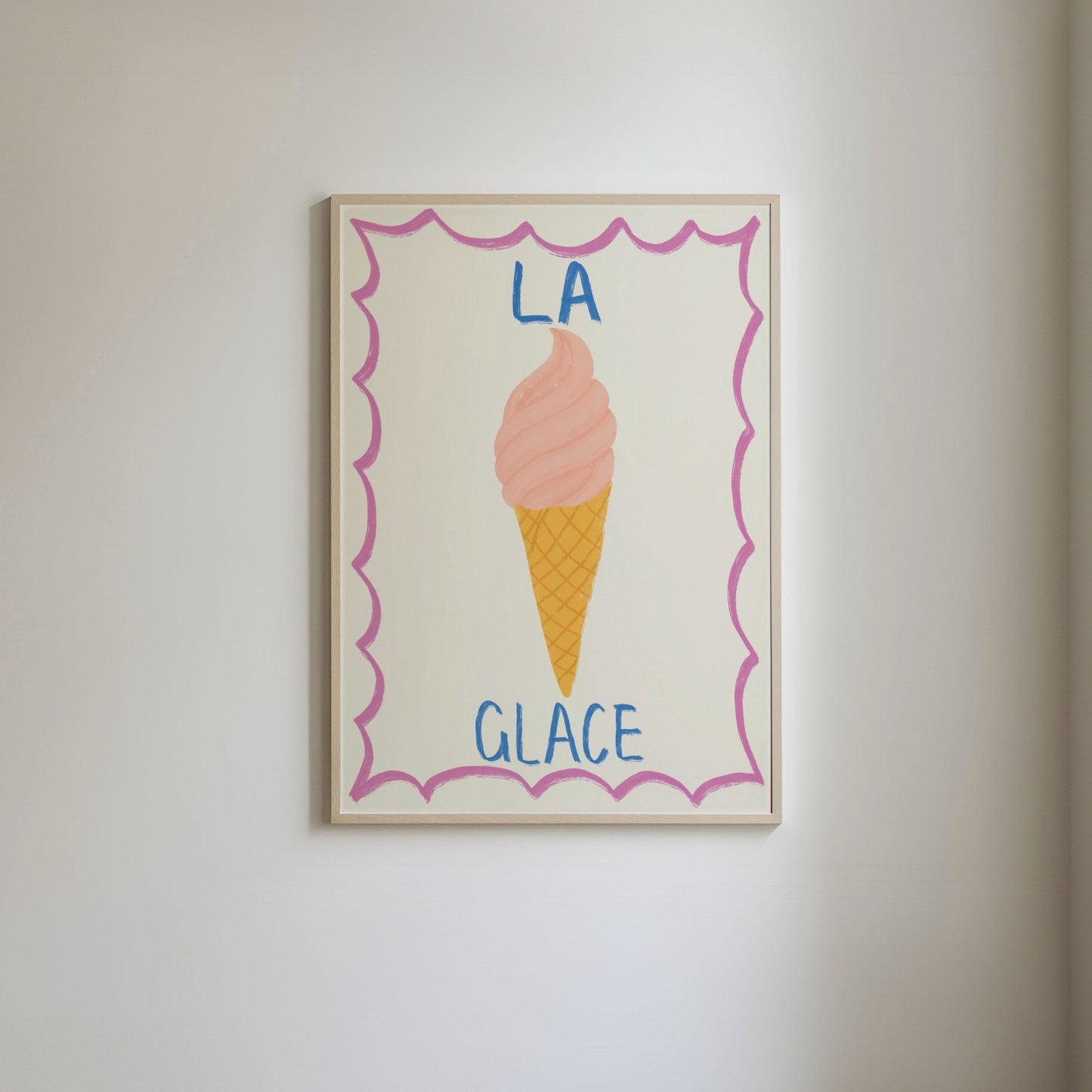 Art print featuring a hand-drawn ice cream illustration with blue handwritten text 'la glace,' framed by a bold, bright pink border.