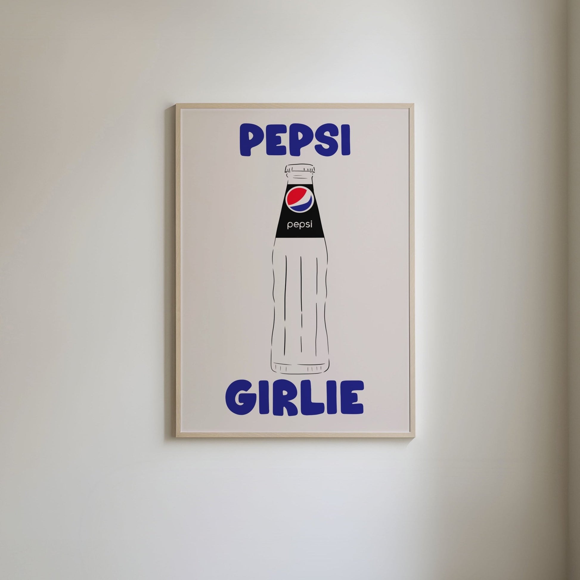 Pepsi art print featuring 'Pepsi Girlie" text and an illustration of a Pepsi glass bottle with a Pepsi label.