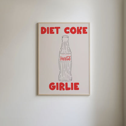 Diet Coke art print featuring 'Diet Coke Girlie" text and an illustration of a Pepsi glass bottle with a Diet Coke label.