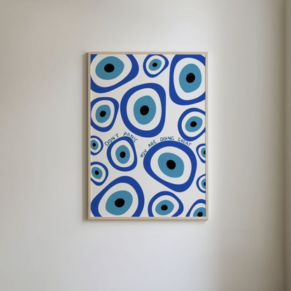 Pattern of multiple illustrated evil eyes and handwritten text 'Don't panic, you are doing great' in blue lettering.